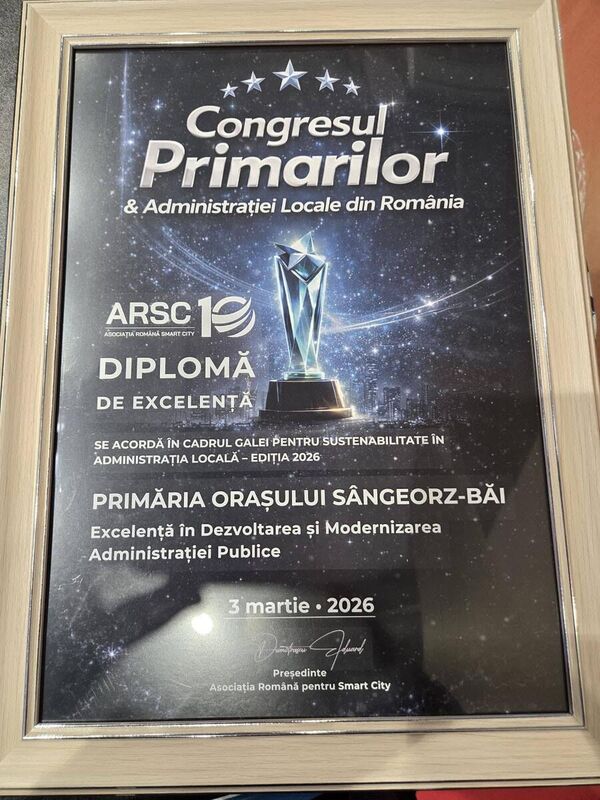 Diploma de Excelență - Primăria Orașul Sângeorz-Băi - Congresul Primarilor 2026
